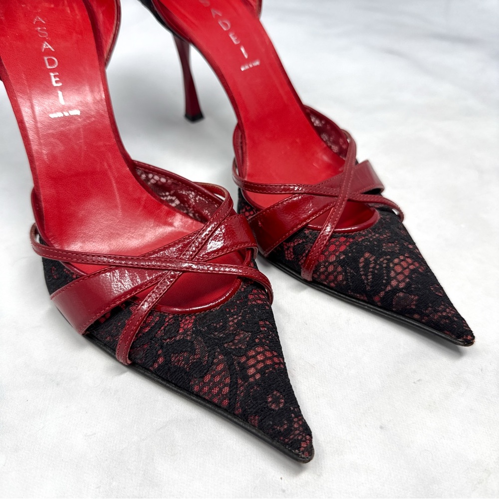 CASADEI Vintage Y2K Leather Lace Pointed Toe Stiletto Heel Pumps Gothic Red 9 - Picture 2 of 15